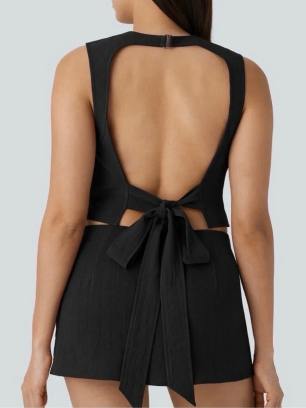 Halara Backless Tie-Back Linen Feel Cropped Tank Top Black